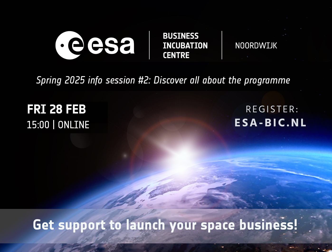 banner for ESA BIC with sunrise over the Earth's horizon as viewed from space