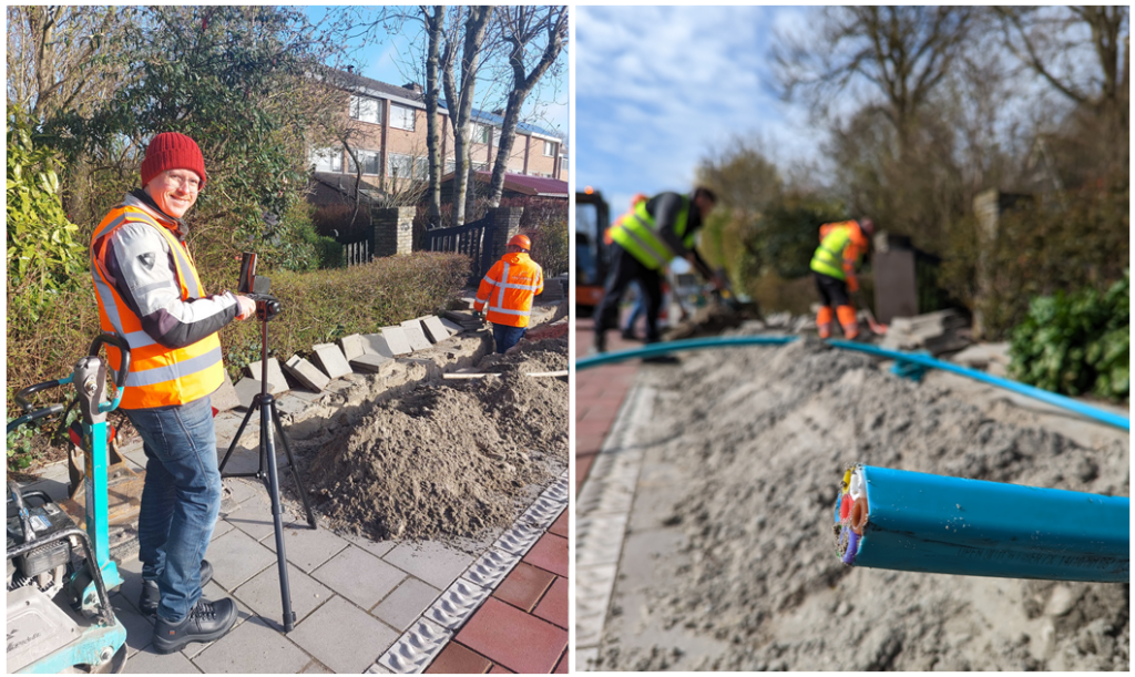 Inframent team on a construction site laying cables and demonstrating the app