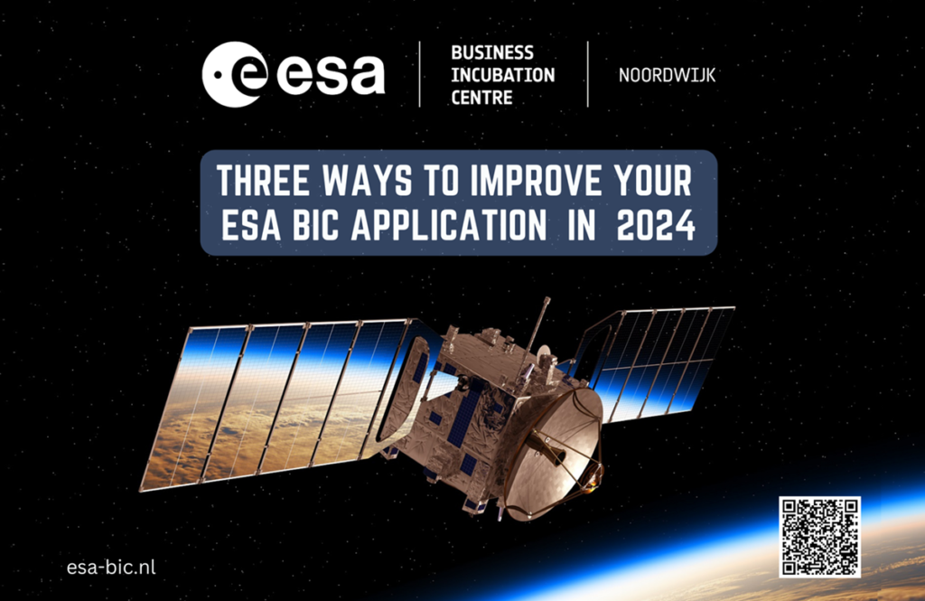 space satellite rendering with a backdrop showing the curvature of the Earth with reflection in the panels on a banner sharing tips to improve applications for the business incubation programme of the European Space Agency