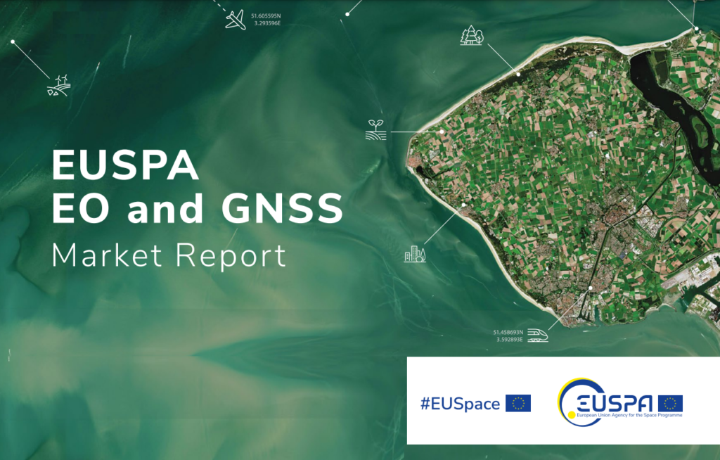 EU Space report with a green-hued satellite image of ocean and land wite industry icons