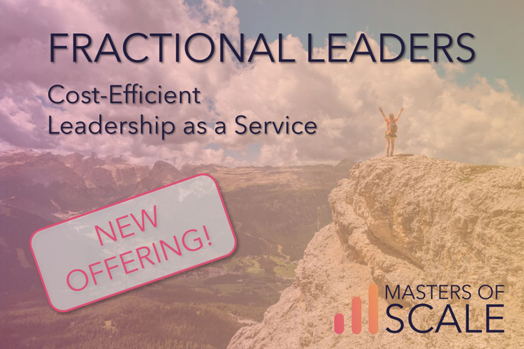 woman with arms raised on rocky cliff under cloudy sky on banner promoting new Masters of Scale fractional leaders offering