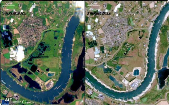 two overhead satellite visuals of the Rhine River in Dutch territory captured one year apart by Copernicus Sentinel-X