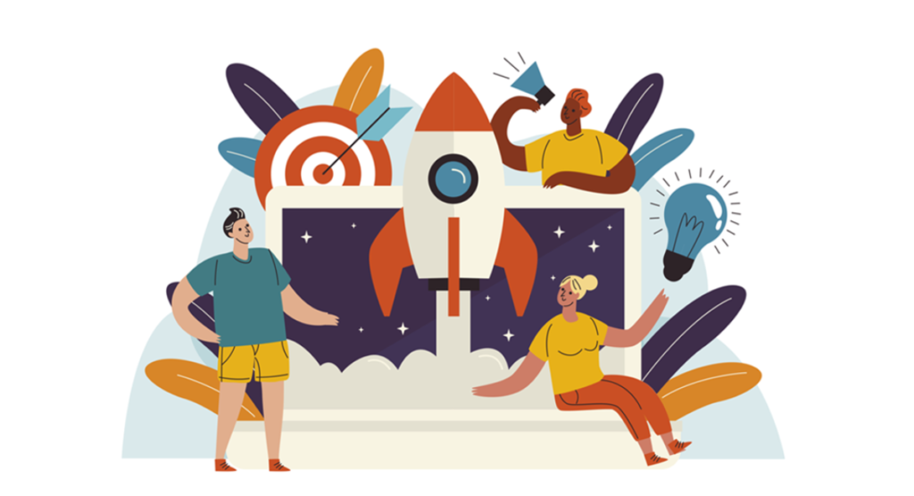 illustration of people by rocketship and bullseye with megaphone