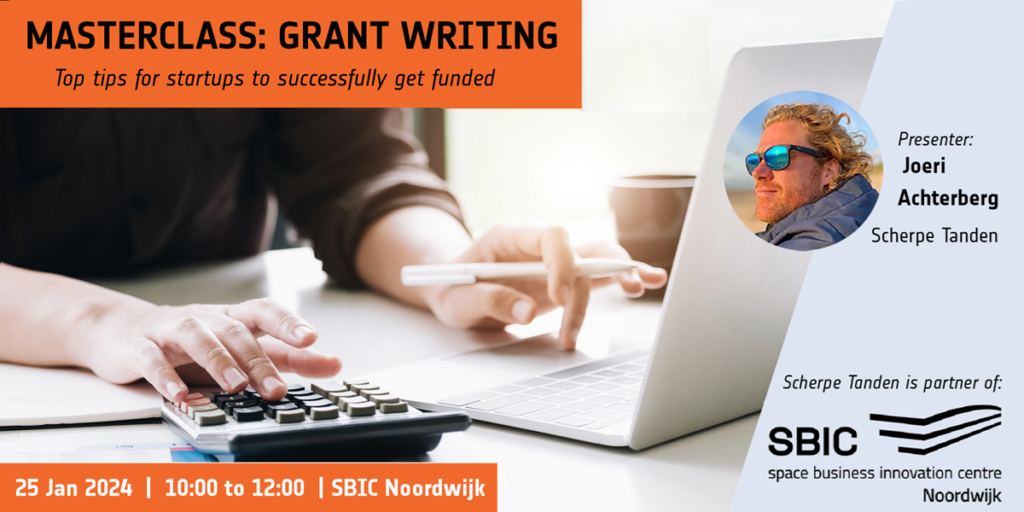 person sitting at a desk with a laptop and calculator on banner promoting Grant Writing Masterclass by Scherpe Tanden