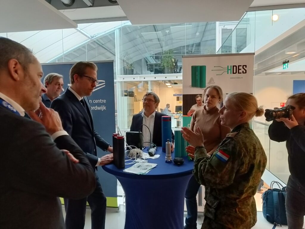 Dutch government defence minister speaking with space business entrepreneurs at SBIC Noordwijk