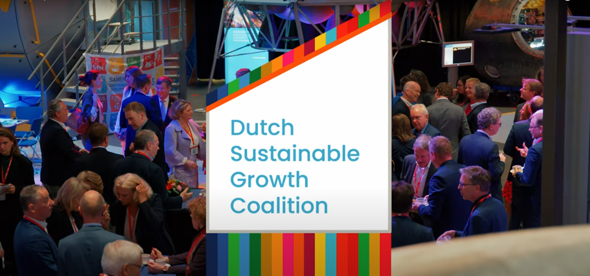 business leaders at ESA/ESTEC alongside space tech exhibits with Dutch Sustainable Growth Coalition logo on top