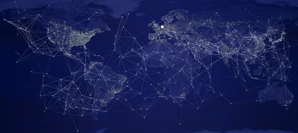 dark blue global map with white networl connections