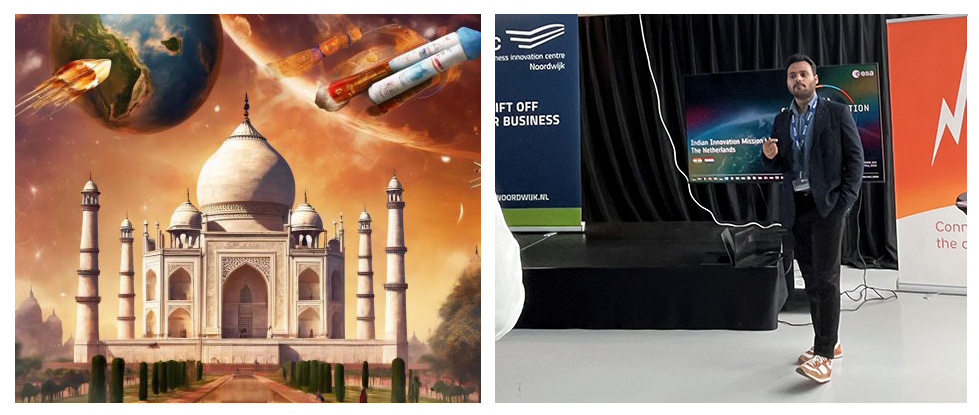 illustration of Indian building rockets on an outerspace sky (left) and announcement of space startup competition (right)