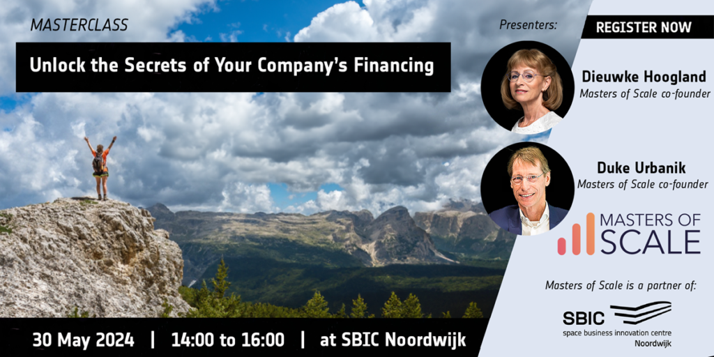 woman with arms raised on rocky cliff under cloudy sky on banner promoting finance masterclass by Masters of Scale at SBIC Noordwijk