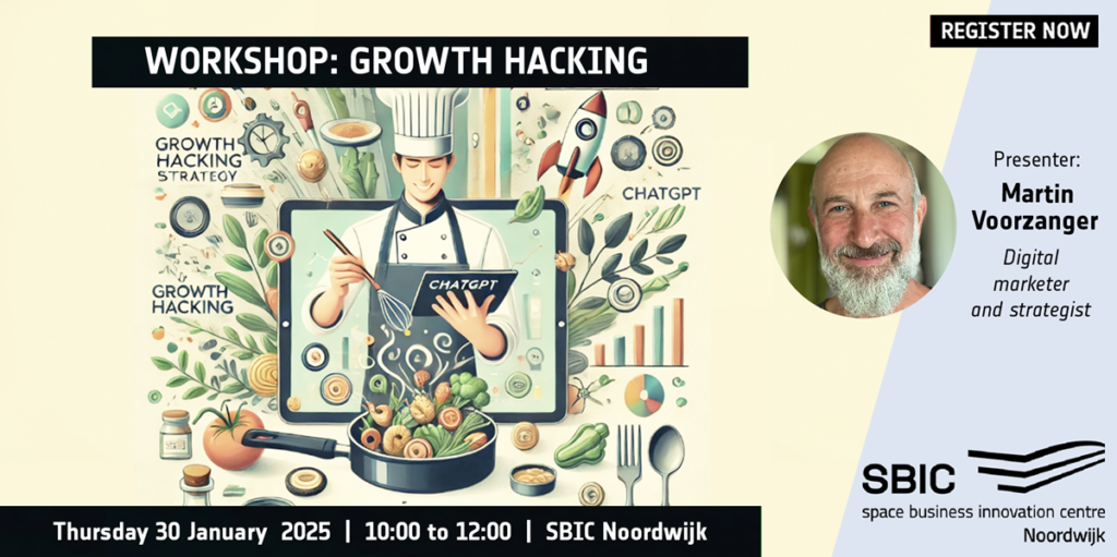 illustration with chef surrounded by mixture of ingredients, both veg and tech, on growth hacking workshop visual