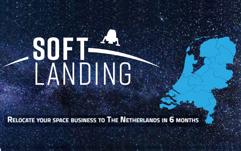 spacecraft on the Soft Landing logo on starry background with Netherlands map