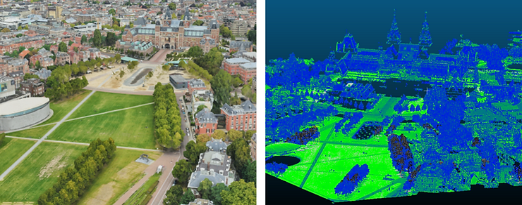 photo of Museumplein and Rijksmuseum in Amsterdam alongside the equivalent urban tree data representation in blue and green hues