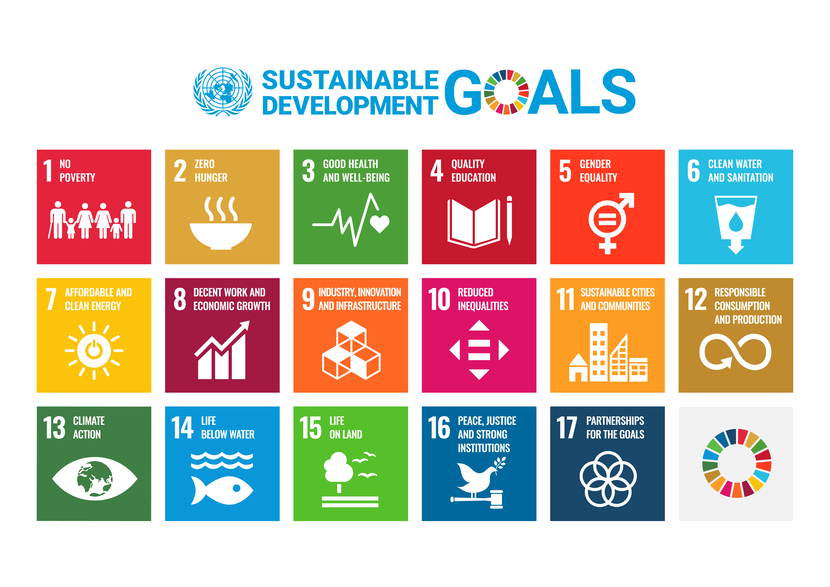 grid of 17 UN Sustainable Development Goals with each goal indicated by a block of colour and infographic 