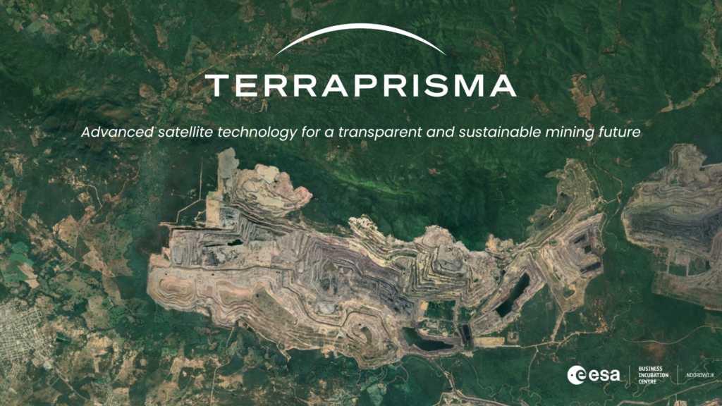 aerial view of forest surrounding a mining terrain with Terraprisma logo