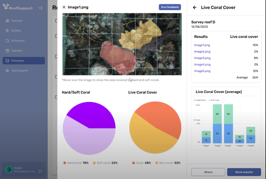 photo of coral with descriptive data displaying in the prototype dashboard